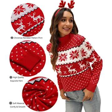 LYHNMW Women's Ugly Christmas Sweaters Snowflake Reindeer Long Sleeve Holiday Knit Xmas Sweater Pullover Tops Red