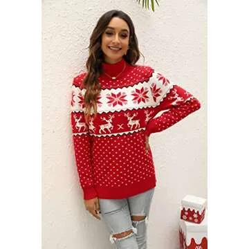 LYHNMW Women's Ugly Christmas Sweaters Snowflake Reindeer Long Sleeve Holiday Knit Xmas Sweater Pullover Tops Red