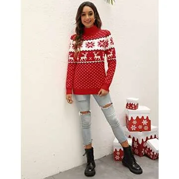 LYHNMW Women's Ugly Christmas Sweaters Snowflake Reindeer Long Sleeve Holiday Knit Xmas Sweater Pullover Tops Red