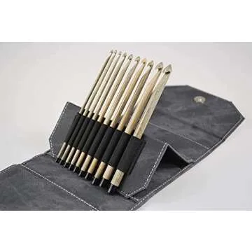 Revolution Fibers Driftwood Crochet Hooks Set | Gray Denim Carrying Case and Hook Gauge | 10 Crochet Hooks Sizes E - M