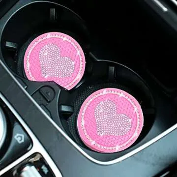 2 Pack Heart Pink Car Coasters Cute Rhinestone Accessories