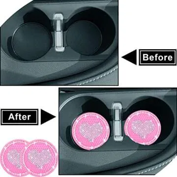 2 Pack Heart Pink Car Coasters Cute Rhinestone Accessories
