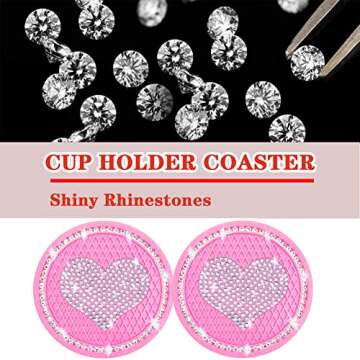 2 Pack Loving Heart Pink Car Coasters Valentine's Day Gifts Cute Sparkly Pink Car Accessories for Women Rhinestone Car Cup Holder Coasters 2.75 Inch Ladies Car Interior Accessories Gift for Her