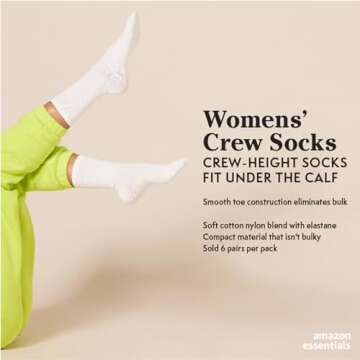 Amazon Essentials Women's Socks Crew - 6 Pairs of White, Cotton, Size 6-9