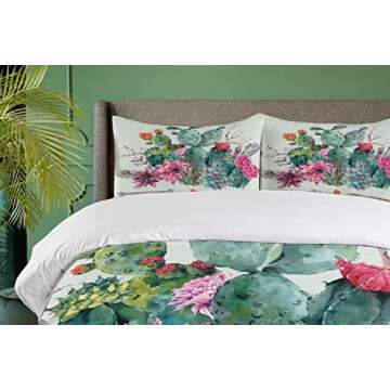 Ambesonne Cactus Duvet Cover Set, Spring Garden Boho Style Bouquet of Thorny Plants Blossoms Arrows Feathers, Decorative 3 Piece Bedding Set with 2 Pillow Shams, Queen Size, Mint Green