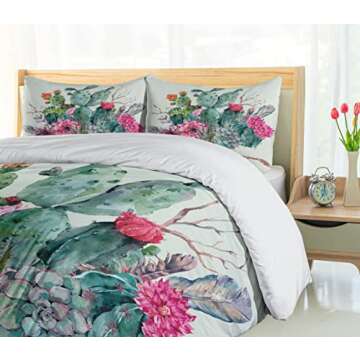 Ambesonne Cactus Duvet Cover Set, Spring Garden Boho Style Bouquet of Thorny Plants Blossoms Arrows Feathers, Decorative 3 Piece Bedding Set with 2 Pillow Shams, Queen Size, Mint Green