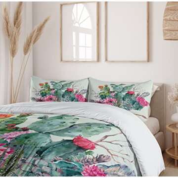 Ambesonne Cactus Duvet Cover Set, Spring Garden Boho Style Bouquet of Thorny Plants Blossoms Arrows Feathers, Decorative 3 Piece Bedding Set with 2 Pillow Shams, Queen Size, Mint Green