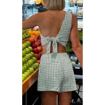Chic Women's Y2K Gingham 2 Piece Shorts Set in Green