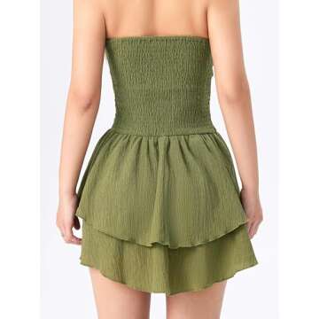 CIDER Women's Summer Cocktail Dress - Tube Ruched Ruffle Mini Dress: Green, S