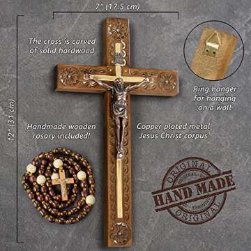 Asterom Hand Carved Crucifix Wall Cross for Home Decor - Wooden Catholic Wall Crucifix - 12 Inch