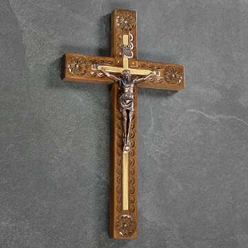 Asterom Hand Carved Crucifix Wall Cross for Home Decor - Wooden Catholic Wall Crucifix - 12 Inch