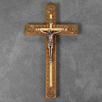 Asterom Hand Carved Crucifix Wall Cross for Home Decor - Wooden Catholic Wall Crucifix - 12 Inch
