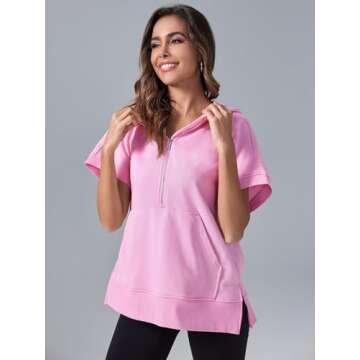 Fisoew Womens Oversized Half Zip Hoodies Short Sleeve Casual Sweatshirts Pullover Tops with Pockets Pink