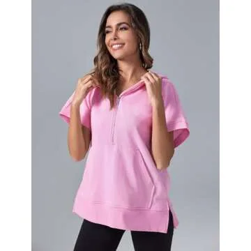 Fisoew Womens Oversized Half Zip Hoodies Short Sleeve Casual Sweatshirts Pullover Tops with Pockets Pink