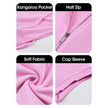 Fisoew Womens Oversized Half Zip Hoodies Short Sleeve Casual Sweatshirts Pullover Tops with Pockets Pink