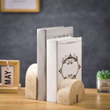 Newtay 2 Pcs Marble Bookends for Shelves 5 Inch and 3 Inch Natural Travertine Book Ends Decorative Stone Bookends Heavy Duty Marble Book Holder for Bookshelf Home Decor