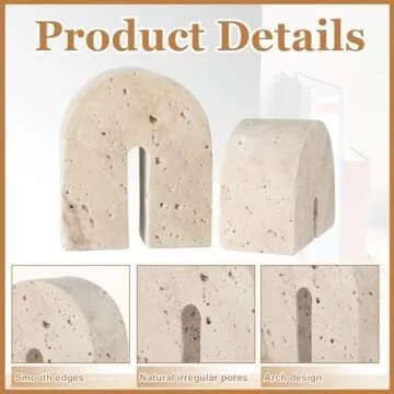 Newtay 2 Pcs Marble Bookends for Shelves 5 Inch and 3 Inch Natural Travertine Book Ends Decorative Stone Bookends Heavy Duty Marble Book Holder for Bookshelf Home Decor