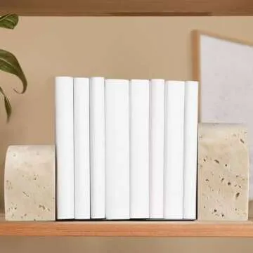 Newtay 2 Pcs Marble Bookends for Shelves 5 Inch and 3 Inch Natural Travertine Book Ends Decorative Stone Bookends Heavy Duty Marble Book Holder for Bookshelf Home Decor