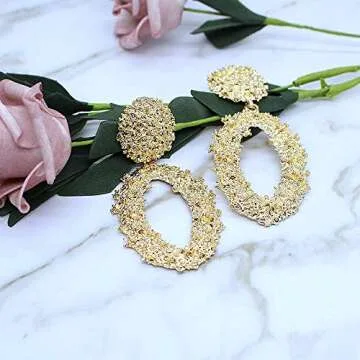 Hollow Geometric Large Oval Dangle Earrings Metal Statement Drop Earrings Punk Bohemian Raised Textured Design Big Hoop Earrings for Women Fashion Jewelry (Gold oval earrings)