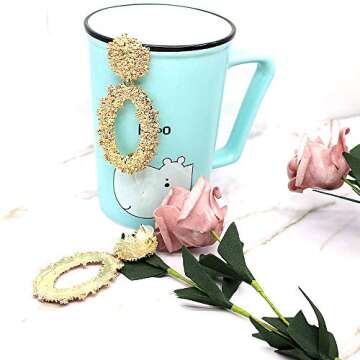 Hollow Geometric Large Oval Dangle Earrings Metal Statement Drop Earrings Punk Bohemian Raised Textured Design Big Hoop Earrings for Women Fashion Jewelry (Gold oval earrings)