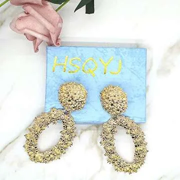 Hollow Geometric Large Oval Dangle Earrings Metal Statement Drop Earrings Punk Bohemian Raised Textured Design Big Hoop Earrings for Women Fashion Jewelry (Gold oval earrings)