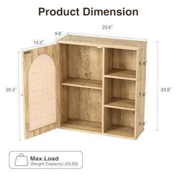 Rattan Bathroom Wall Cabinet with Door, Boho Medicine Wall Cabinets with Adjustable Shelves, Tall Ki...
