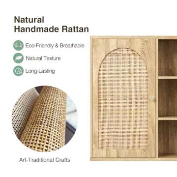Rattan Bathroom Wall Cabinet with Door, Boho Medicine Wall Cabinets with Adjustable Shelves, Tall Kitchen Wall Mounted Storage Cabinet, Floating Hanging Cabinet Space Saver for Laundry Room, Natural