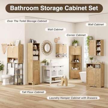 Rattan Bathroom Wall Cabinet with Door, Boho Medicine Wall Cabinets with Adjustable Shelves, Tall Kitchen Wall Mounted Storage Cabinet, Floating Hanging Cabinet Space Saver for Laundry Room, Natural