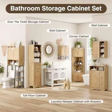 Rattan Bathroom Wall Cabinet with Door, Boho Medicine Wall Cabinets with Adjustable Shelves, Tall Kitchen Wall Mounted Storage Cabinet, Floating Hanging Cabinet Space Saver for Laundry Room, Natural