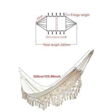 Hammock Brazilian Double Hammock Soft Comfortable Fabric Cotton Canvas Hammock Hanging Portable Hammock Two Person Hammock Bed Boho Hammock Fringe Large for Adults Backyard Travel Off White