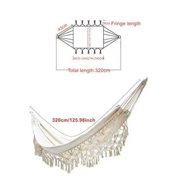 Hammock Brazilian Double Hammock Soft Comfortable Fabric Cotton Canvas Hammock Hanging Portable Hammock Two Person Hammock Bed Boho Hammock Fringe Large for Adults Backyard Travel Off White