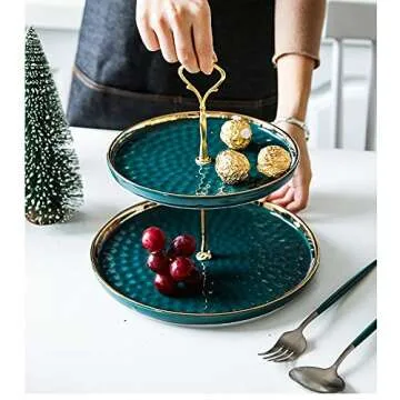 2 Set of Round Porcelain Tiered Cupcake Stand, Dessert Plates Stand, Mini Cakes Fruit Candy Display Tower, Luxury Emerald Serving Tray for Wedding/Kids Birthday/Tea Party/Baby Shower
