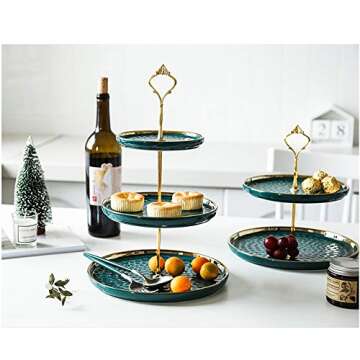 2 Set of Round Porcelain Tiered Cupcake Stand, Dessert Plates Stand, Mini Cakes Fruit Candy Display Tower, Luxury Emerald Serving Tray for Wedding/Kids Birthday/Tea Party/Baby Shower