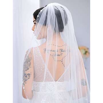 Yikisdy 1 Tier Wedding Bridal Veil Waist Length Short Bride Tulle Veil with Comb Pearl and Flower Edge (A-White)