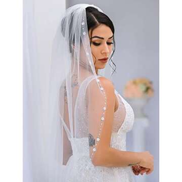 Yikisdy 1 Tier Wedding Bridal Veil Waist Length Short Bride Tulle Veil with Comb Pearl and Flower Edge (A-White)