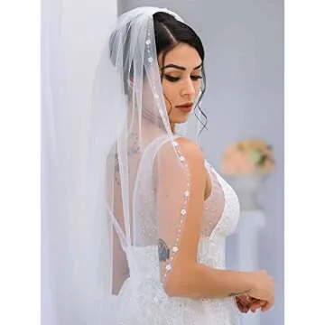 Yikisdy 1 Tier Wedding Bridal Veil Waist Length Short Bride Tulle Veil with Comb Pearl and Flower Edge (A-White)