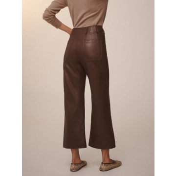 YEXPINE Women's Faux Leather Pants High Waisted Wide Straight Leg Pants PU Trousers with Pockets Brown
