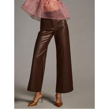 YEXPINE Women's Faux Leather Pants High Waisted Wide Straight Leg Pants PU Trousers with Pockets Brown