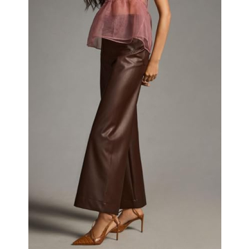 YEXPINE Women's Faux Leather Pants High Waisted Wide Straight Leg Pants PU Trousers with Pockets Brown