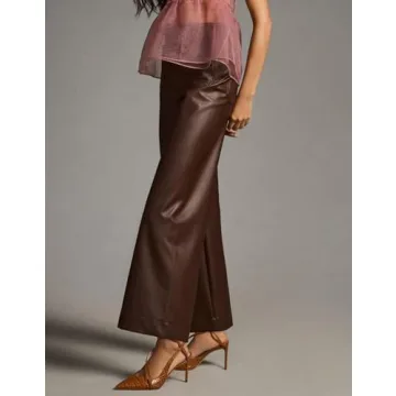 YEXPINE Women's Faux Leather Pants High Waisted Wide Straight Leg Pants PU Trousers with Pockets Brown