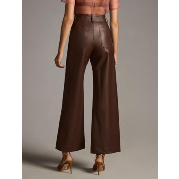 YEXPINE Women's Faux Leather Pants High Waisted Wide Straight Leg Pants PU Trousers with Pockets Brown