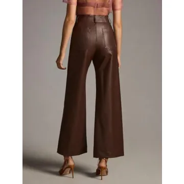 YEXPINE Women's Faux Leather Pants High Waisted Wide Straight Leg Pants PU Trousers with Pockets Brown