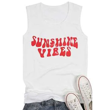Sunshine Vibes Letter Print Vest T Shirt Women's Summer Sleeveless Graphic Tank Tops Casual Loose Workout Tees (White, X-Large)