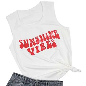 Sunshine Vibes Letter Print Vest T Shirt Women's Summer Sleeveless Graphic Tank Tops Casual Loose Workout Tees (White, X-Large)