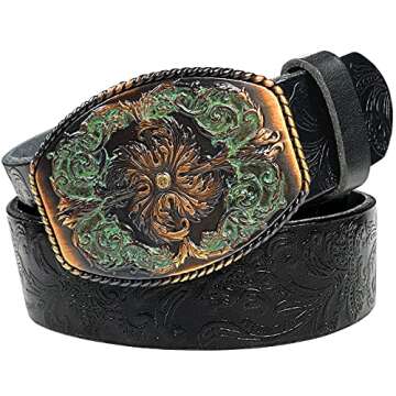 Western Fashion Style Floral Engraved Buckle Full Grain Genuine Leather Belt 1-1/2" (38mm) Wide - As...