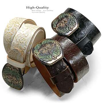 Western Fashion Style Floral Engraved Buckle Full Grain Genuine Leather Belt 1-1/2" (38mm) Wide - Assembled in the U.S