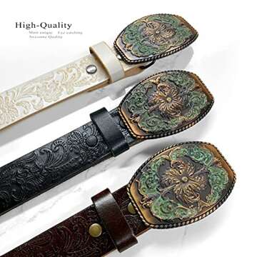 Western Fashion Style Floral Engraved Buckle Full Grain Genuine Leather Belt 1-1/2" (38mm) Wide - Assembled in the U.S