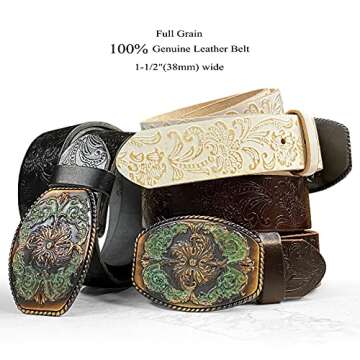 Western Fashion Style Floral Engraved Buckle Full Grain Genuine Leather Belt 1-1/2" (38mm) Wide - Assembled in the U.S