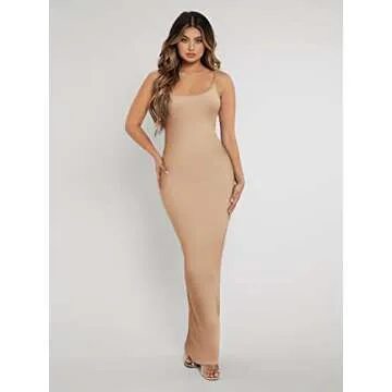 Verdusa Women's Sleeveless Scoop Neck Open Back Bodycon Maxi Cami Dress Apricot S