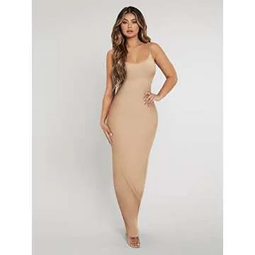 Verdusa Women's Sleeveless Scoop Neck Open Back Bodycon Maxi Cami Dress Apricot S